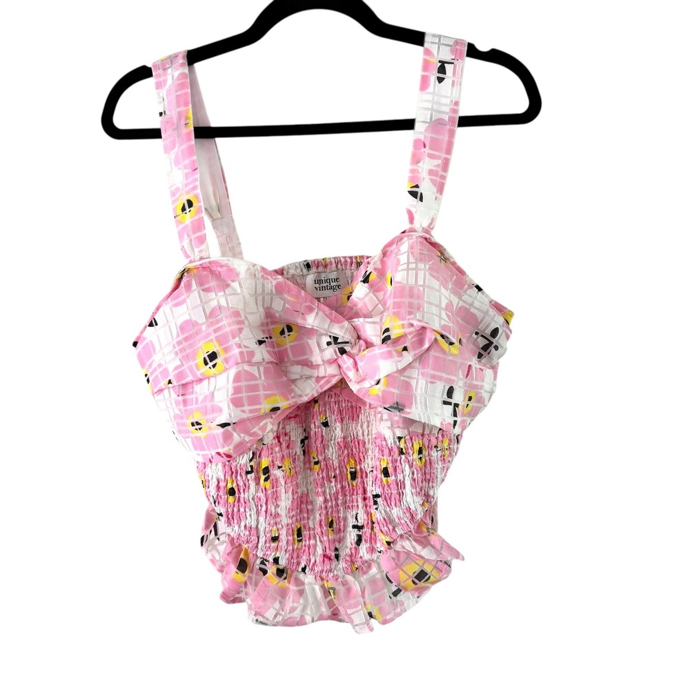 Unique Vintage Floral Crop Top Smocked Sweetheart Sleeveless Pink 2X/18‎